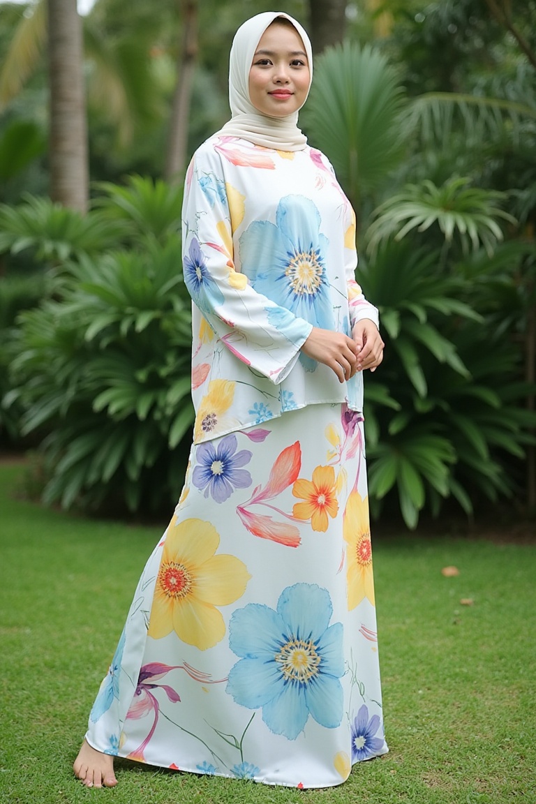 A photograph of a young Asian woman hijab standing outdoors in a lush garden. She has fair skin and hijab styled. She wear...