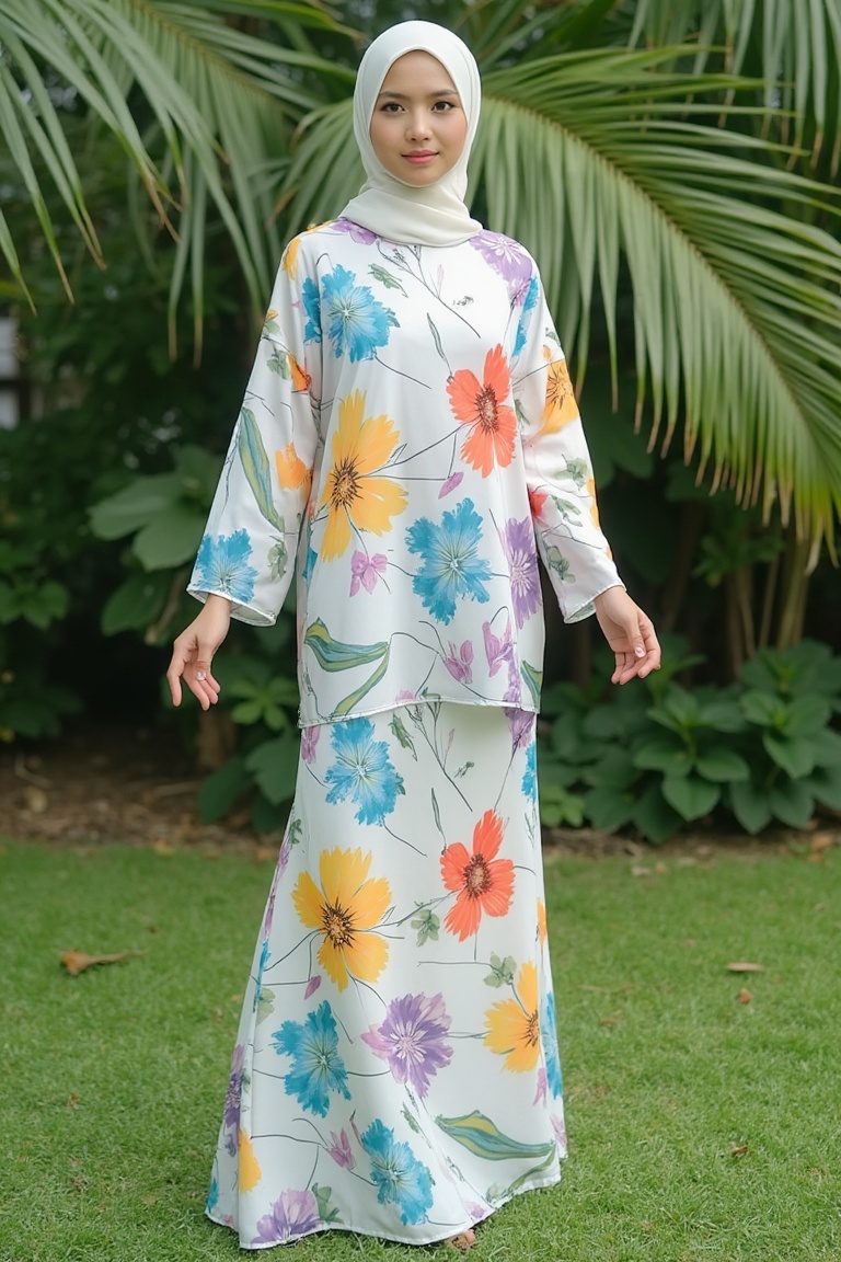A photograph of a young Asian woman hijab standing outdoors in a lush garden. She has fair skin and hijab styled. She wear...