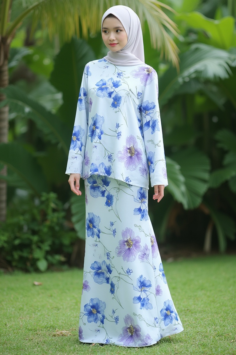 A photograph of a young Asian woman hijab standing outdoors in a lush garden. She has fair skin and hijab styled. She wear...