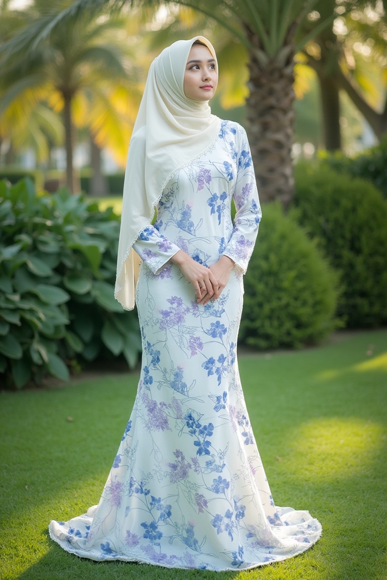 A young Asian woman in hijab poses serenely amidst lush garden surroundings. She wears a stunning white baju kurung malays...