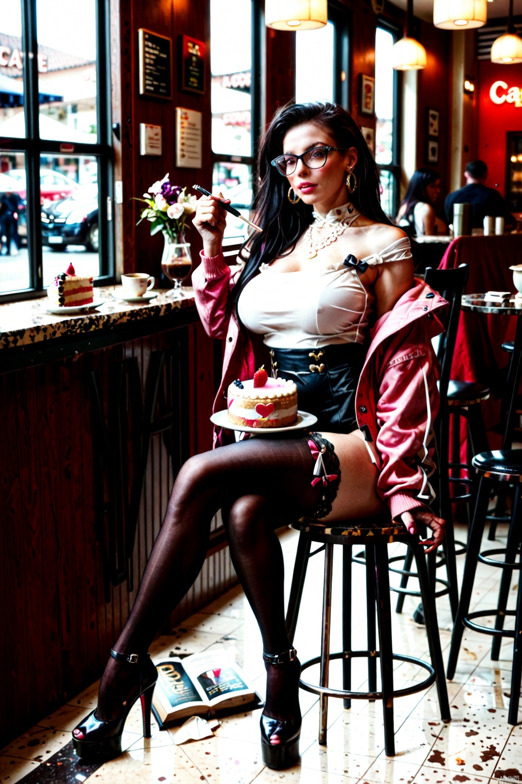Masterpiece, best quality, amazing details, photo-realistic, 1girl, idol, glasses, earrings, long hair, (fair skin with high details), big breasts, long legs, high heels, full body, sitting, cafe, coffee, cake, flowers, book,score_9 score_8_up score_7_up,GIGANTIC BOOBS,score_9 score_8_up score_7_up score_6_up,MIKOTHIGHS RIBBON-TRIMMED LEGWEAR,MELODY BLACK THIGHHIGHS PINK JACKET