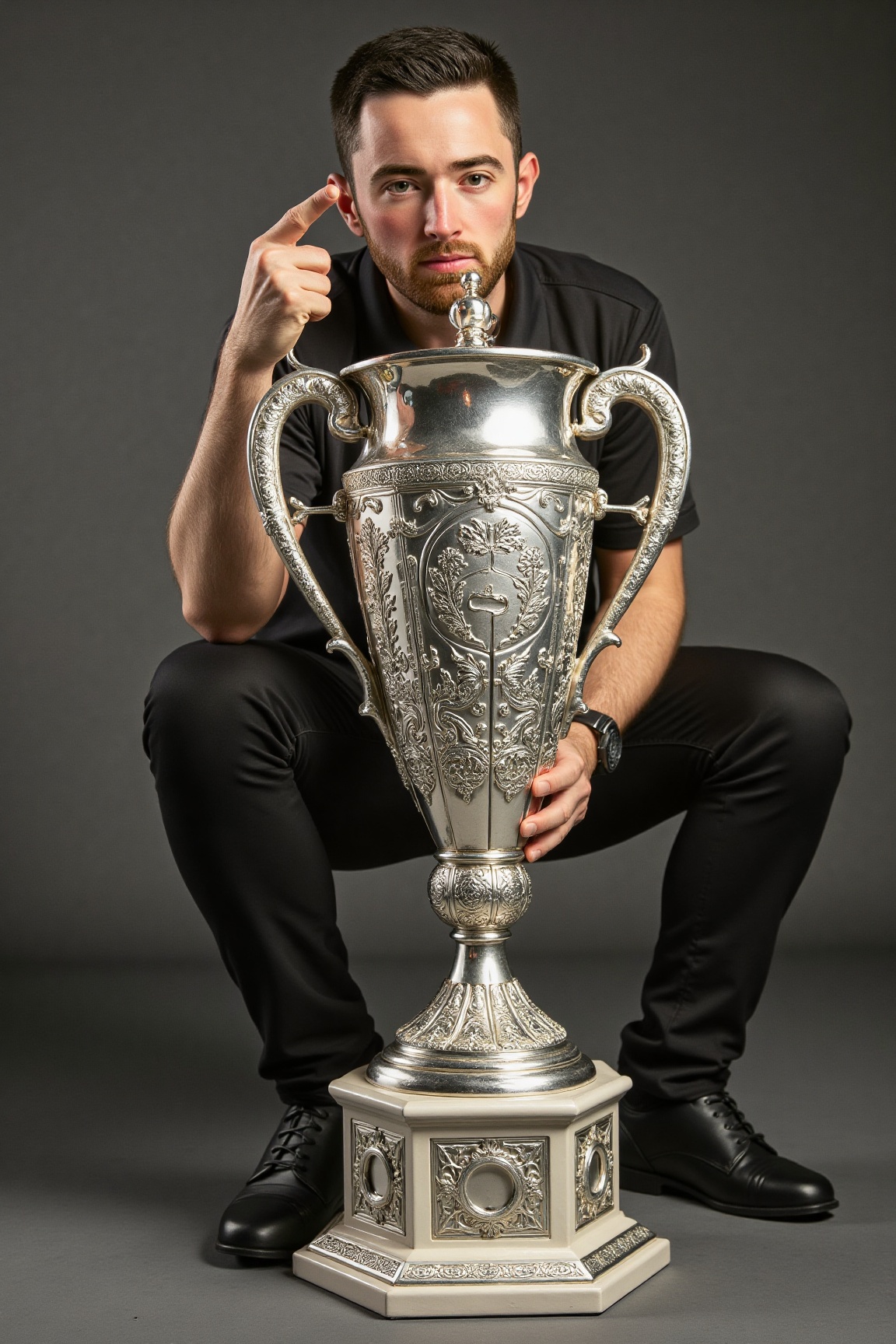 a man crouching behind an ornate silver trophy,  holding his index finger up as an indication that he is number one. on Te...