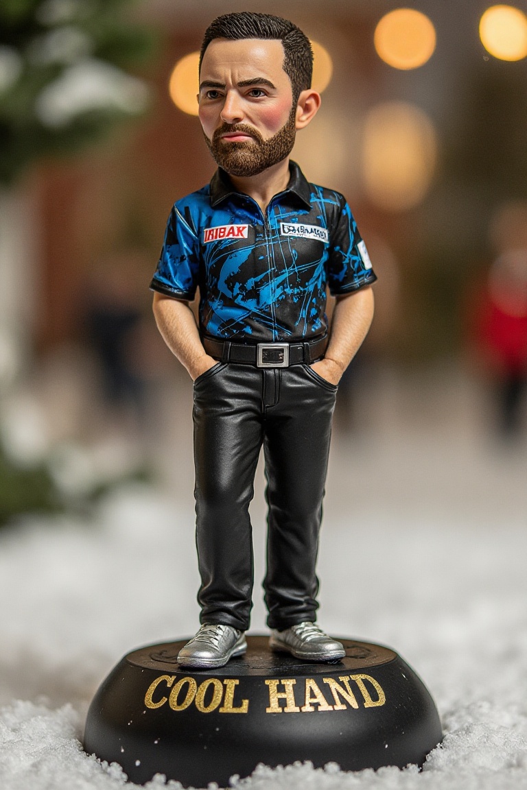 This is a high-resolution photograph of a detailed,  miniature action figure of Luke Humphries,  standing on a round on Te...