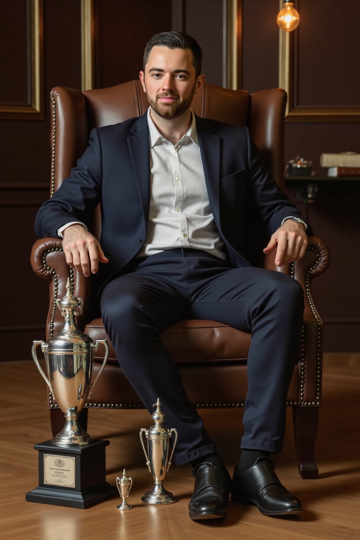 A high-resolution photograph of a man sitting in a luxury armchair. On the floor are three elegant silver trophies of diff...
