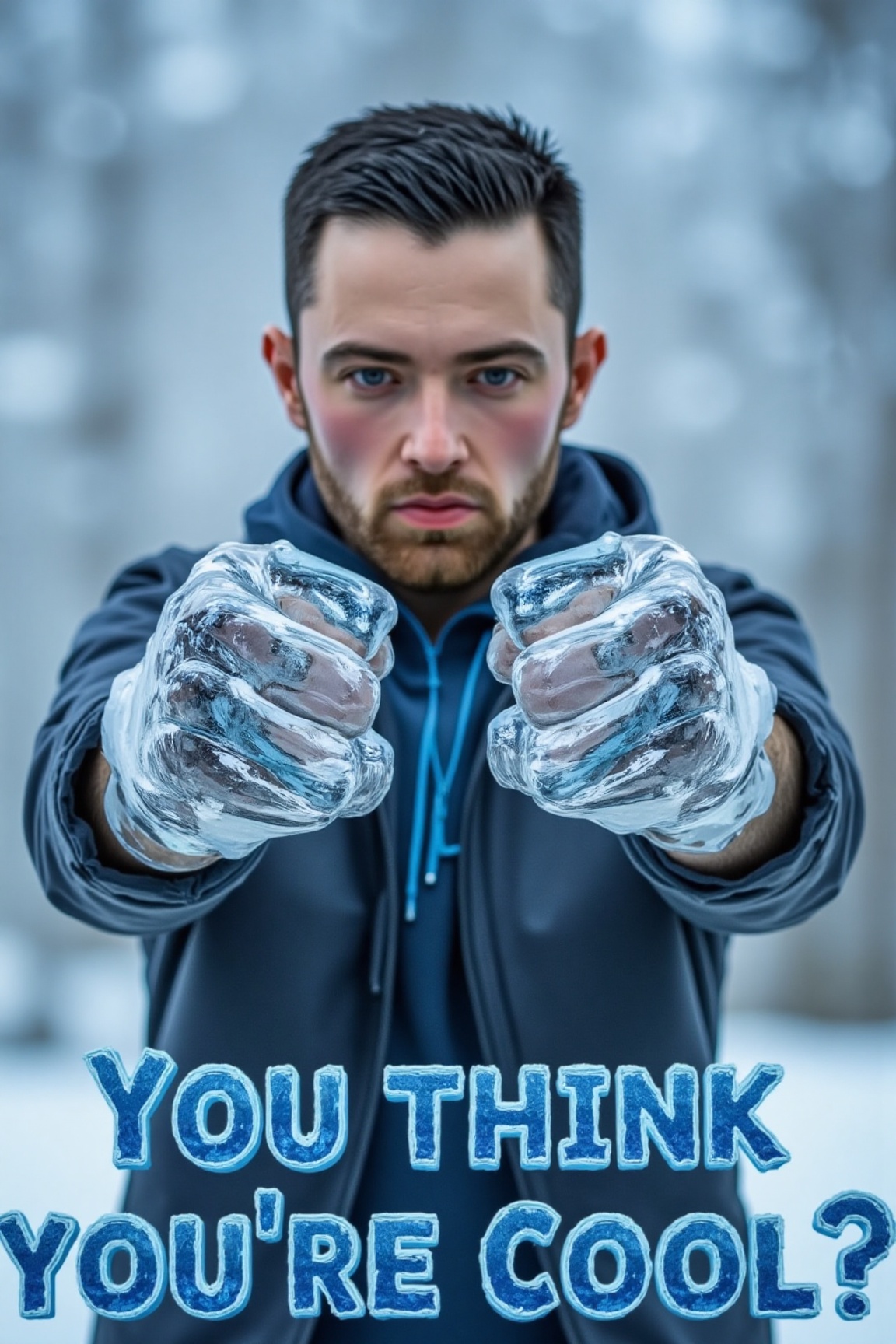 a man with hands made of crystal clear ice,  pointing straight at the viewer with both horizontal fists clenched. Undernea...