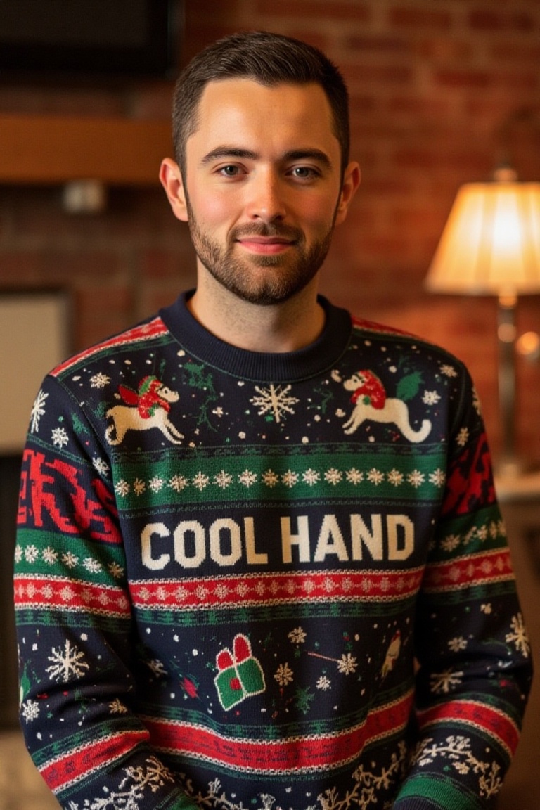 The image is a high-resolution photograph of Luke Humphries,  wearing a Christmas themed sweater with the words "COOL HAND...