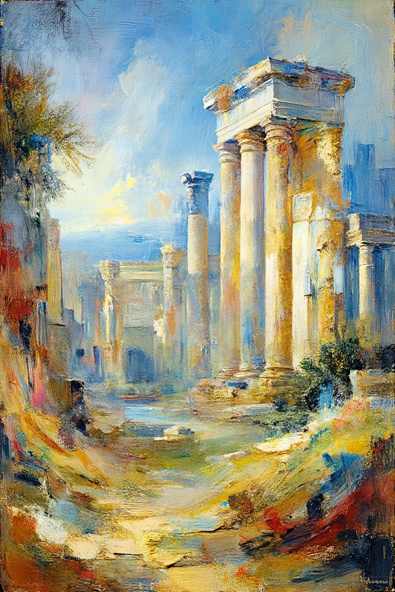 "Create a fine art oil painting in the style of Hubert Robert,  depicting a landscape with ancient ruins in the background...