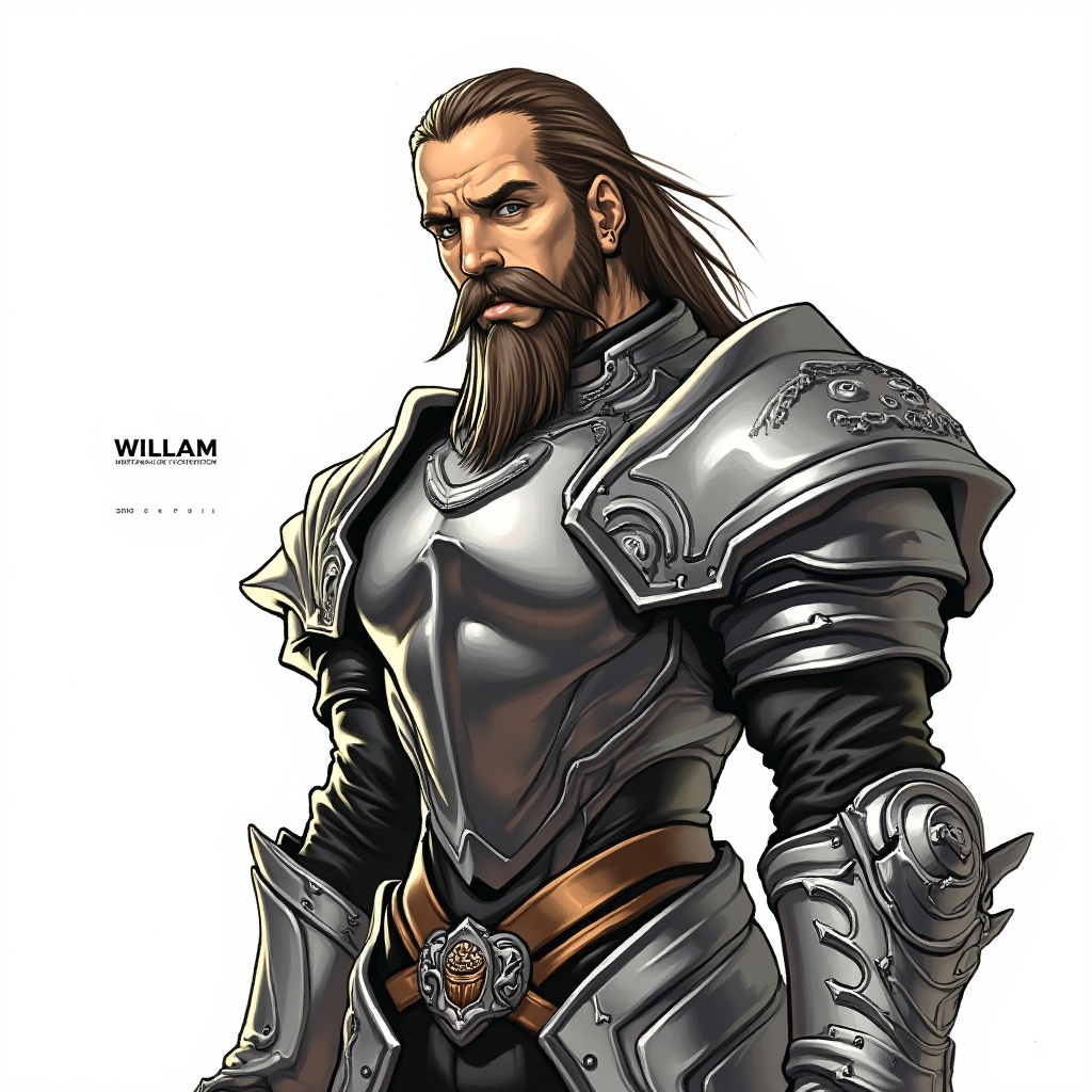 a medium-sized illustration of a man in a metallic armor,  adorned with a long beard and mustache,  stands in a stark whit...