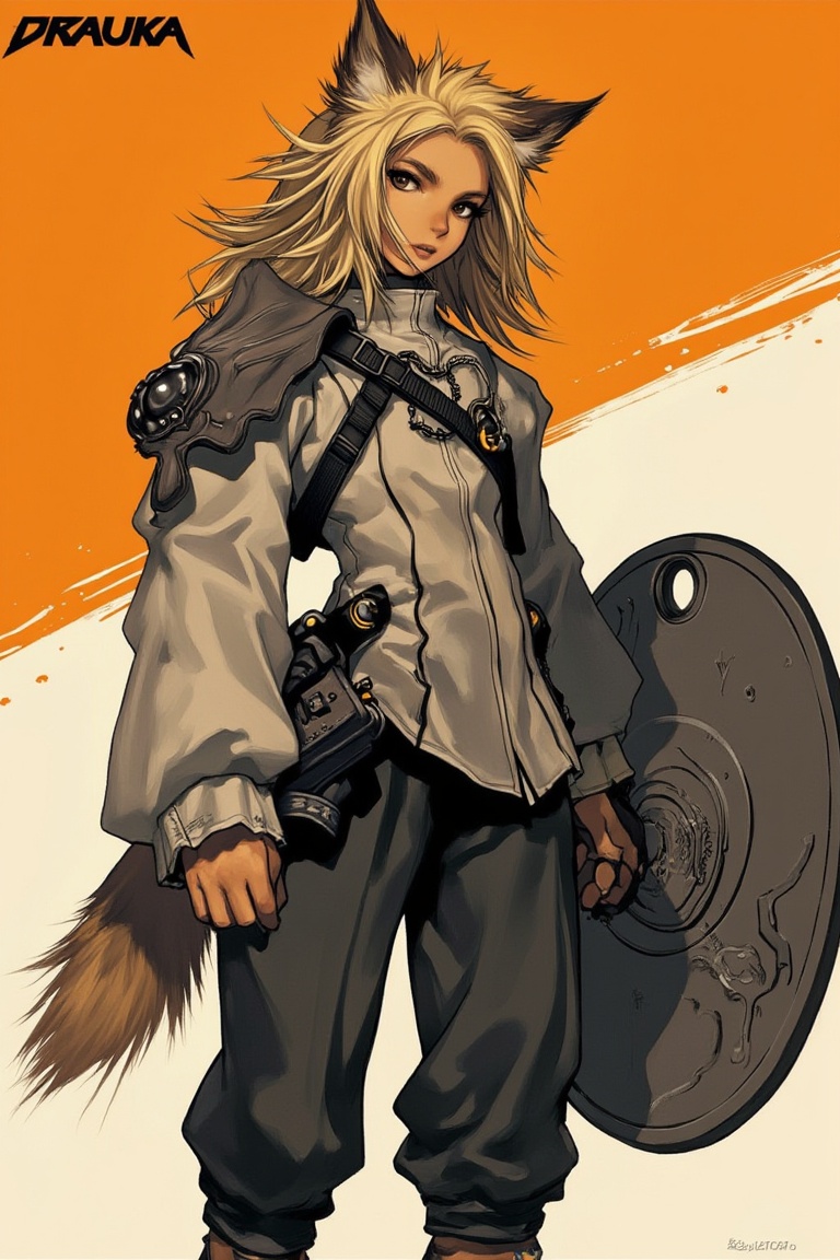 Neko with brown ears and tail wearing a sturdy shirt and pants with blonde layered hair and is holding a shield,  The word...