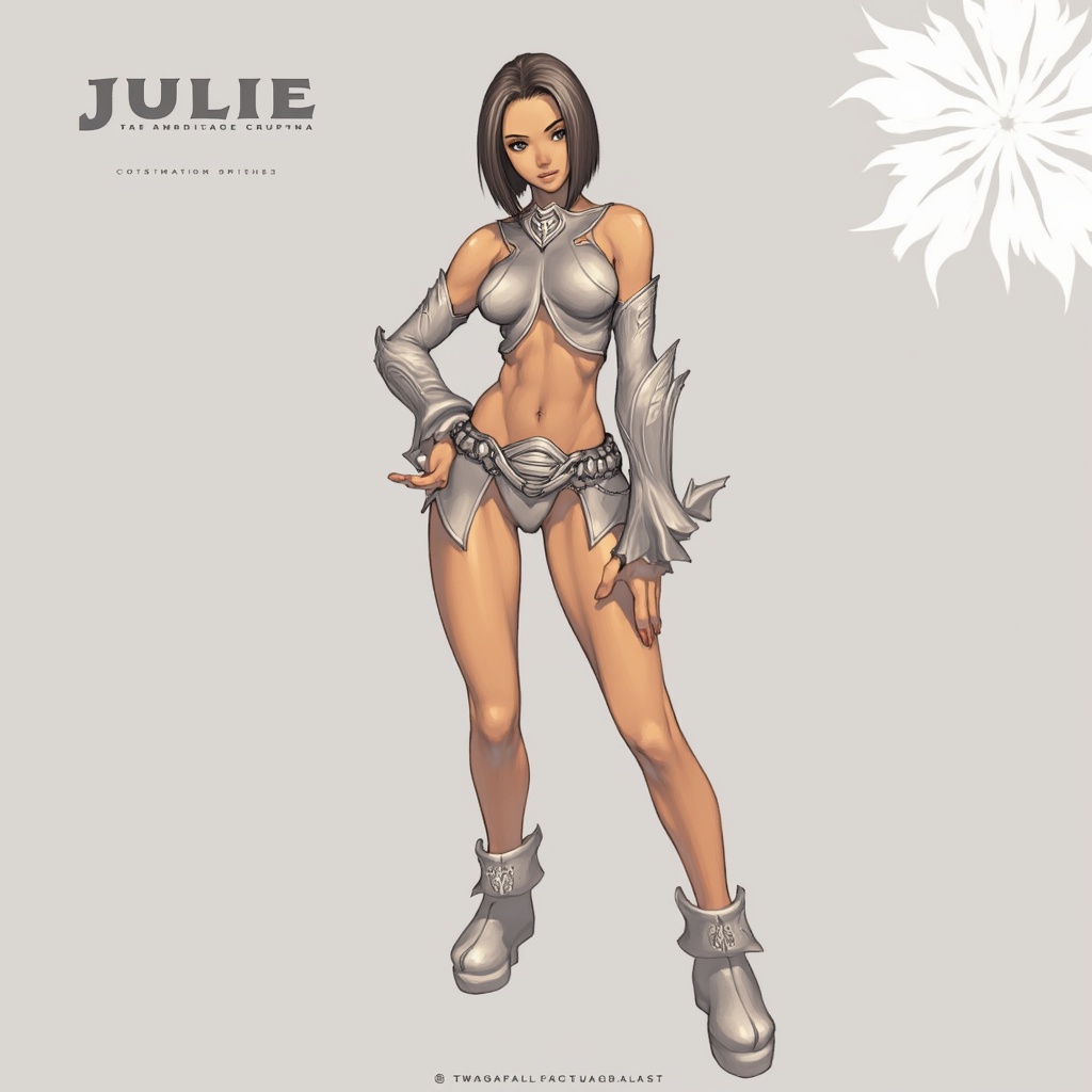 a medium-sized cartoon depiction of a female warrior is depicted in a stunning pose. She is dressed in a metallic outfit,...