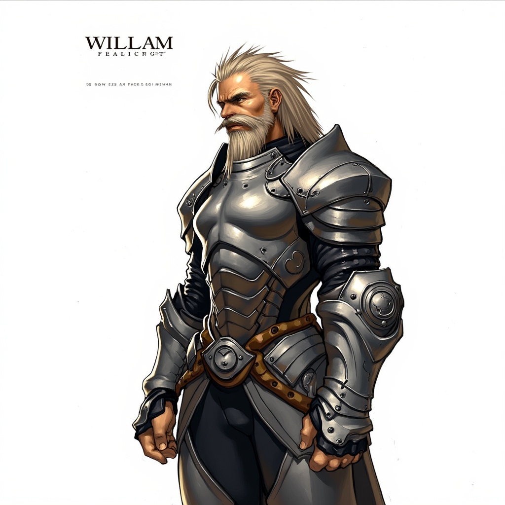 a medium-sized illustration of a man in a metallic armor,  adorned with a long beard and mustache,  stands in a stark whit...