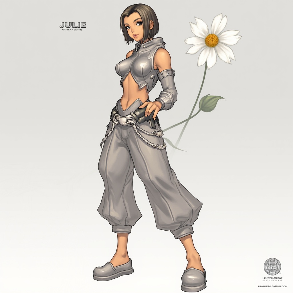 a medium-sized cartoon depiction of a female warrior is depicted in a stunning pose. She is dressed in a metallic outfit,...