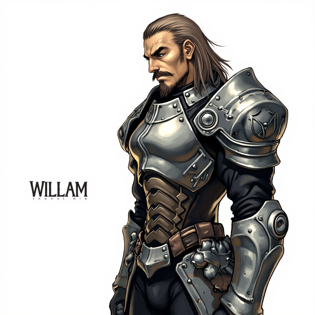 a medium-sized illustration of a man in a metallic armor,  adorned with a long beard and mustache,  stands in a stark whit...