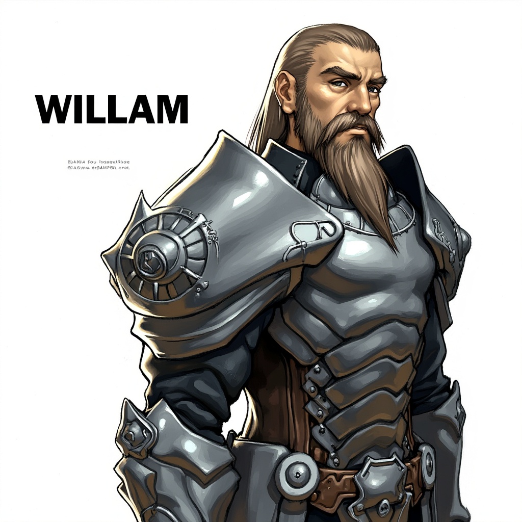 a medium-sized illustration of a man in a metallic armor,  adorned with a long beard and mustache,  stands in a stark whit...