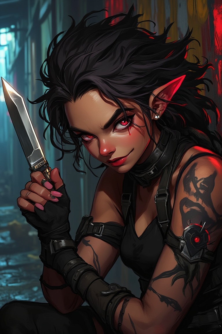 A close-up shot of Valorant's Skye,  portrayed as a cute yet menacing villain,  holding a sharp knife with a playful yet d...
