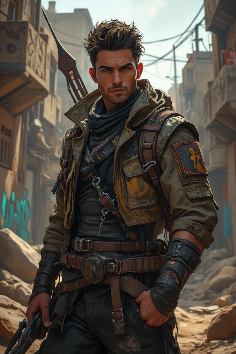 A close-up shot of a male version of Valorant's Skye,  wearing a rugged,  weathered jacket with tribal patterns. He holds...