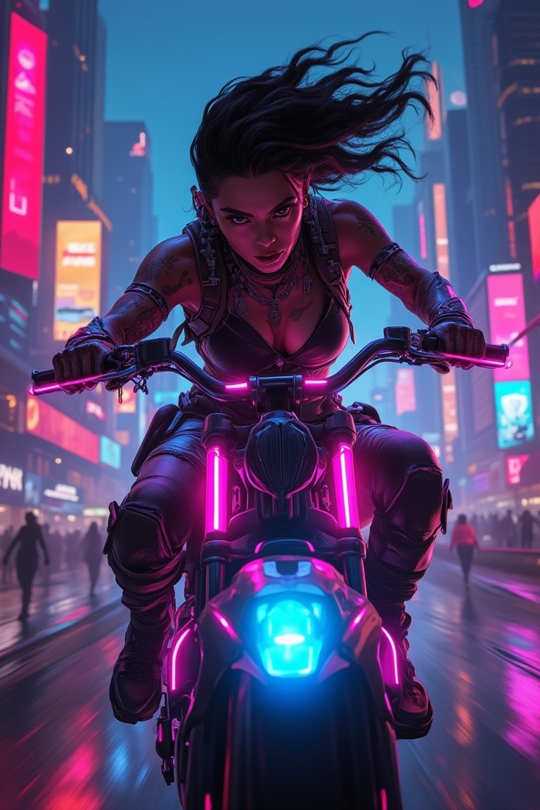 A dynamic close-up shot of Valorant's Skye,  a fierce woman with wild hair and tribal tattoos,  riding a sleek on Tensor.Art