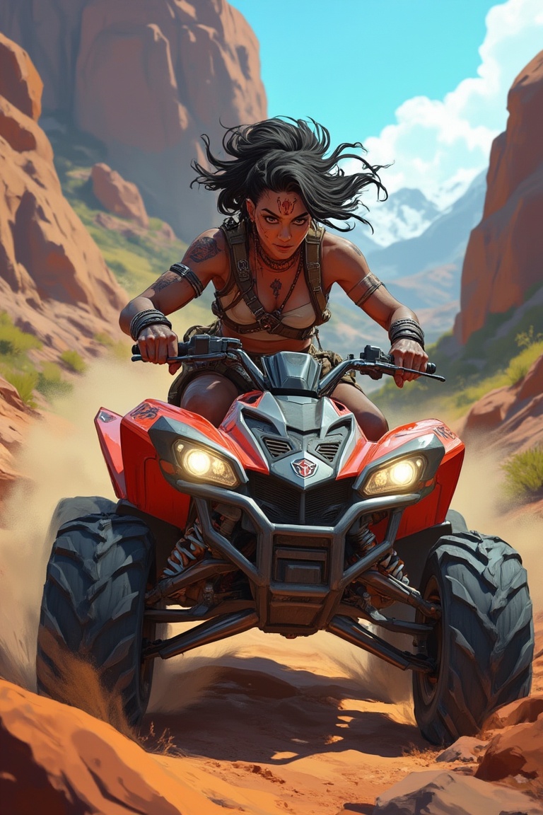 A dynamic mid-shot of Valorant's Skye,  a fierce woman with wild hair and tribal tattoos,  riding a rugged ATV through a r...