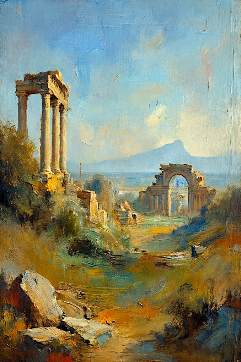 "Create a fine art oil painting in the style of Hubert Robert,  depicting a landscape with ancient ruins in the background...