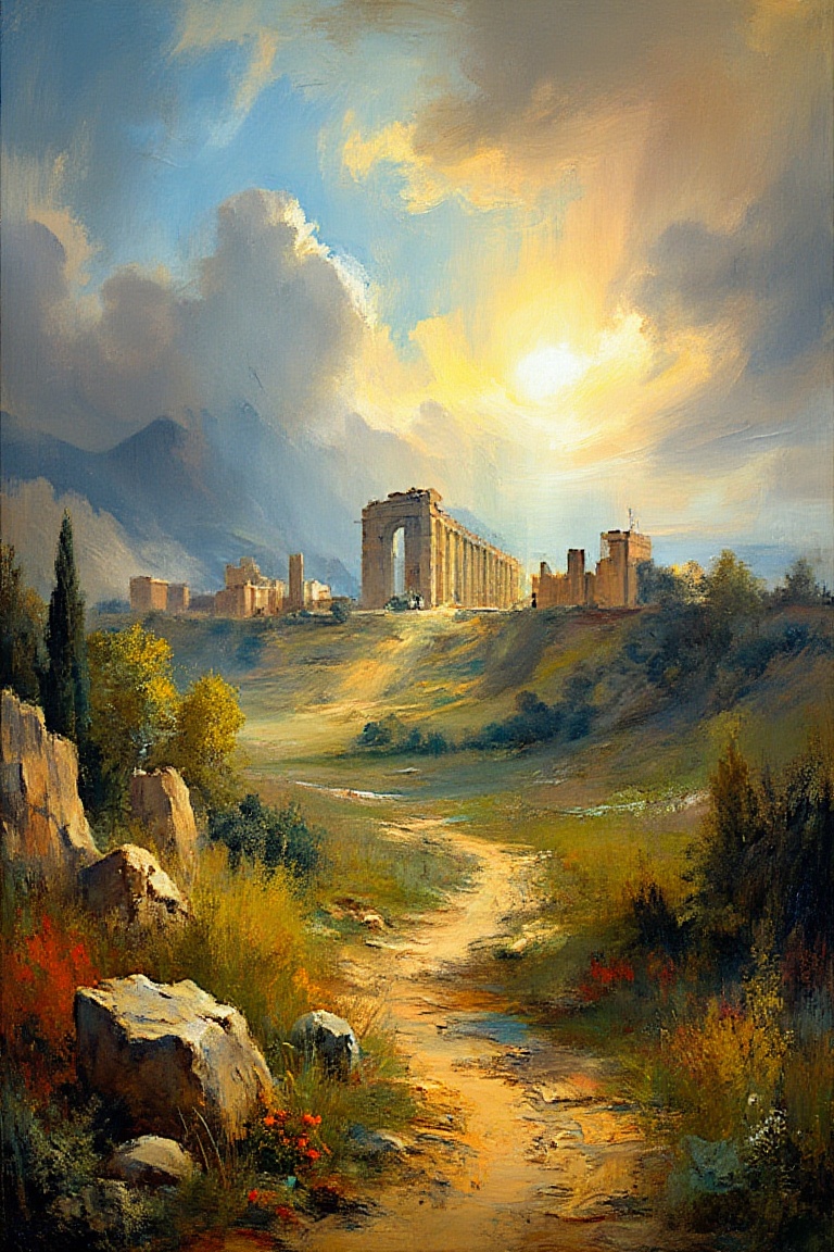 "Create a fine art oil painting in the style of Hubert Robert,  depicting an expansive landscape with ancient ruins on a d...