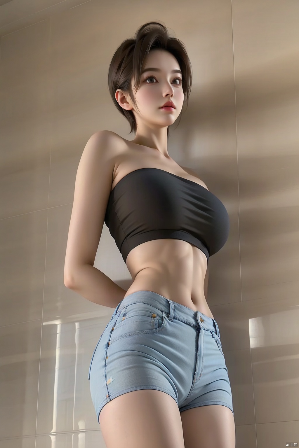 1girl
solo
breasts
short hair
brown hair
black hair
navel
bare shoulders
standing
shorts
midriff
indoors
short shorts
strapless
denim
denim shorts
bandeau
tube top
grey shorts

