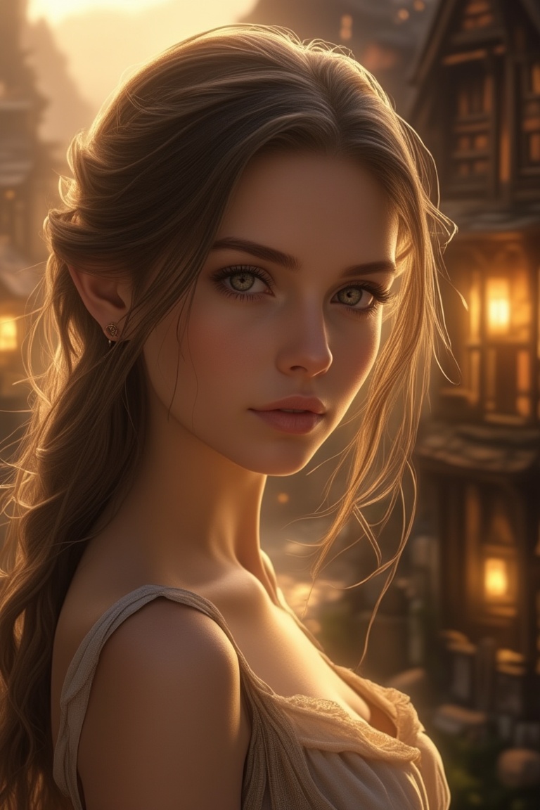 Close-up face of a beautiful woman in an elf world village by Anna Stokes,  her delicate features illuminated by the soft...