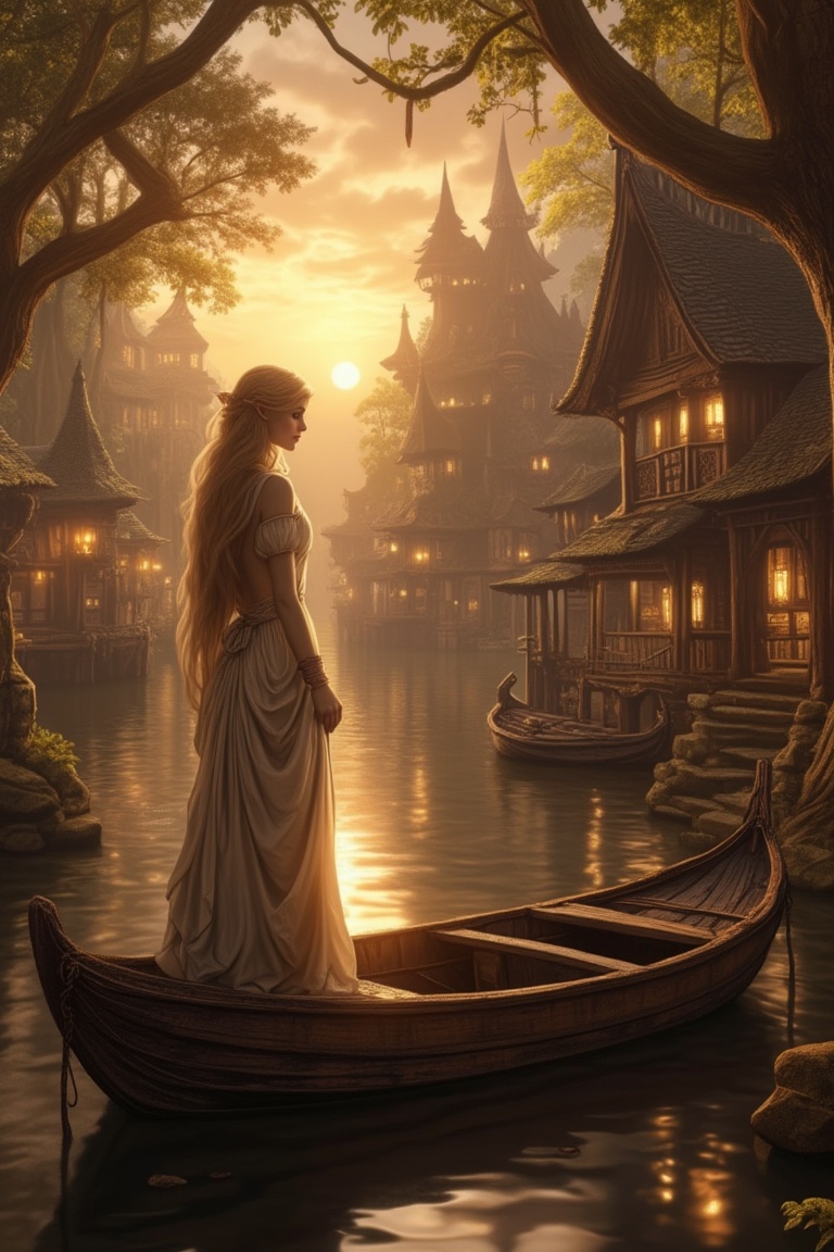 A serene elf world village by Anna Stokes,  where a graceful elf woman stands at the edge of a wooden boat,  her long flow...