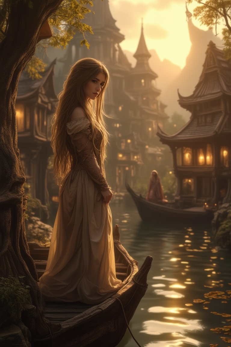 Half medium shot of a pretty woman in an elf world village by Anna Stokes,  where she stands gracefully at the edge of a w...