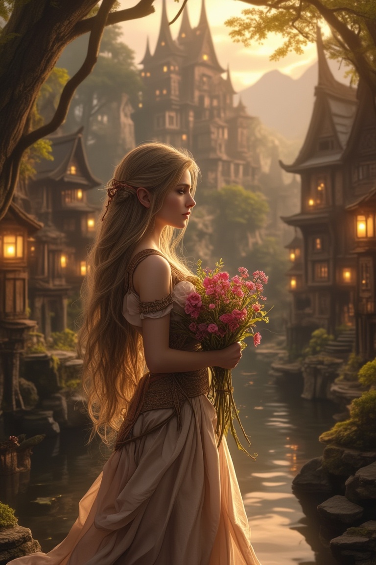 Elf world village by Anna Stokes,  depicting a graceful elf woman holding a bouquet of vibrant flowers in a half medium sh...