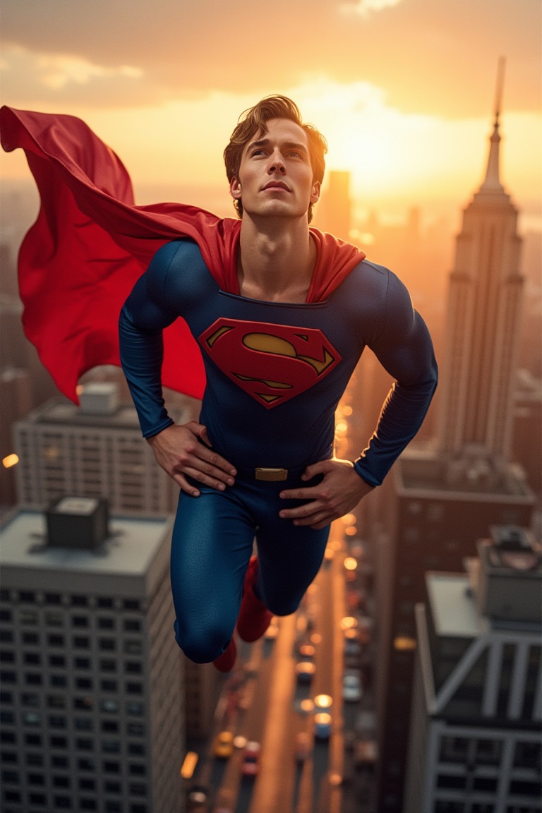 Superman soars through the city sky,  cape fluttering behind him as he saves the day. He stands tall,  hands on hips by Ja...
