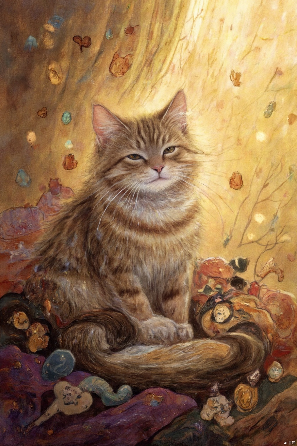 A serene image of a healing cat, its bright eyes shining like warm gemstones, soft fur glistening in the gentle warmth of sunlight filtering through the window, casting a comforting halo around it. The cat's tranquil gaze radiates soothing calmness, as if capable of dispelling all weariness. Surrounded by plush toys and pillows, creating a cozy home environment filled with love, warmth, and tranquility.