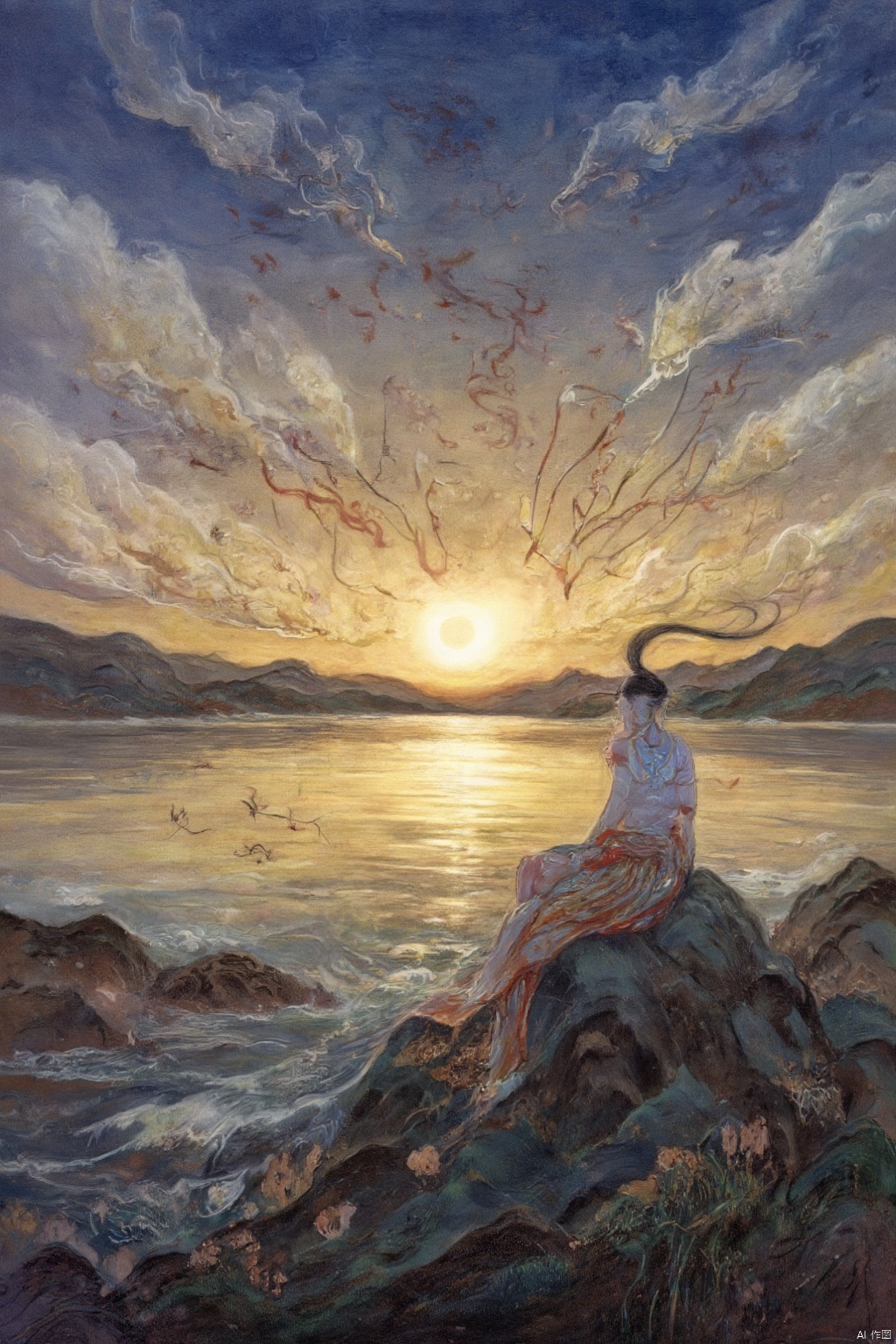  Masterpiece, ultra-high definition image quality, a female, sunset glow, lake, blue sky, white clouds,山水如画,乡村
