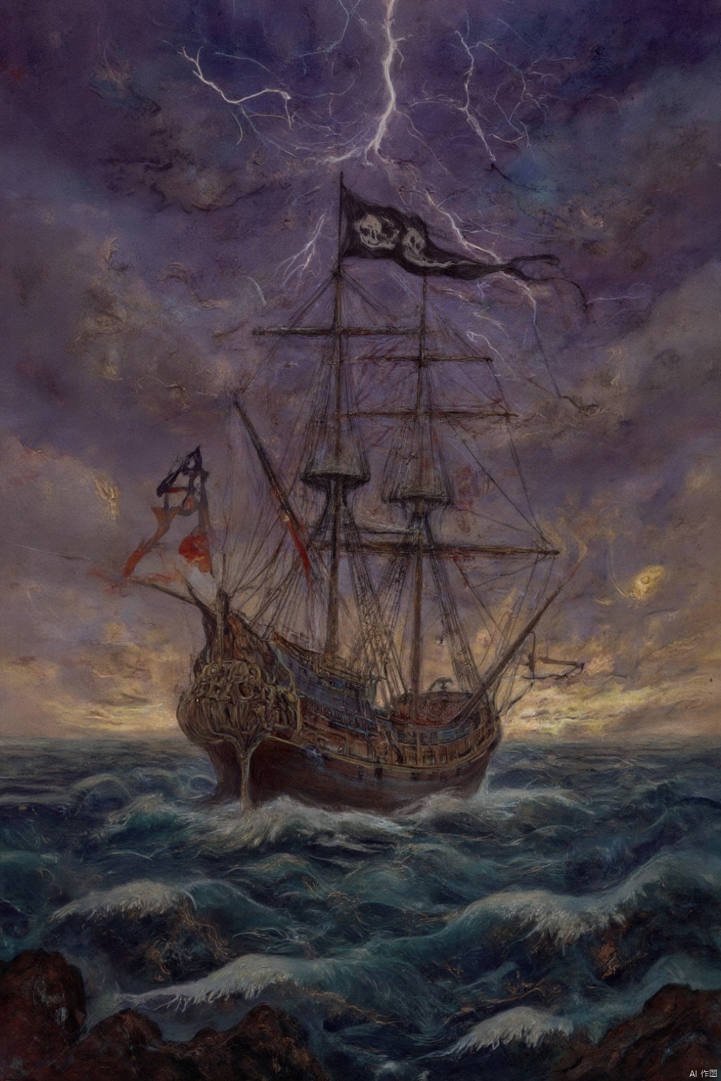 Realistic, hyper detailed, award winning masterpiece, full body portrait, ((ultra-high resolution 16k intense color portrait)), in the deep ocean, rough sea waves a large pirates ship with a black skull flag on top, ultra realistic, Hyper, vibrant light, storm, clouds, lightning, rough weather cinematic background