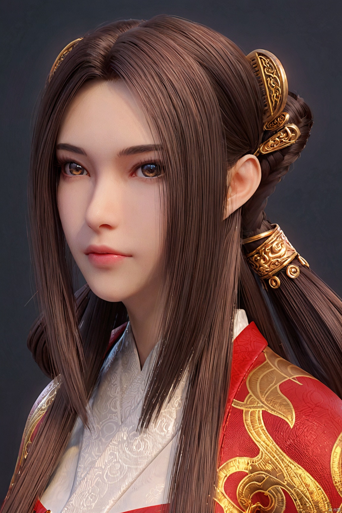 score_9_up,score_8_up,score_7_up,(Clear lines, high definition, Best quality,  masterpiece, 4K),1girl, solo, long hair, looking at viewer, brown hair, hair ornament, brown eyes,  lips, chinese clothes, portrait, hair rings, realistic,QYN