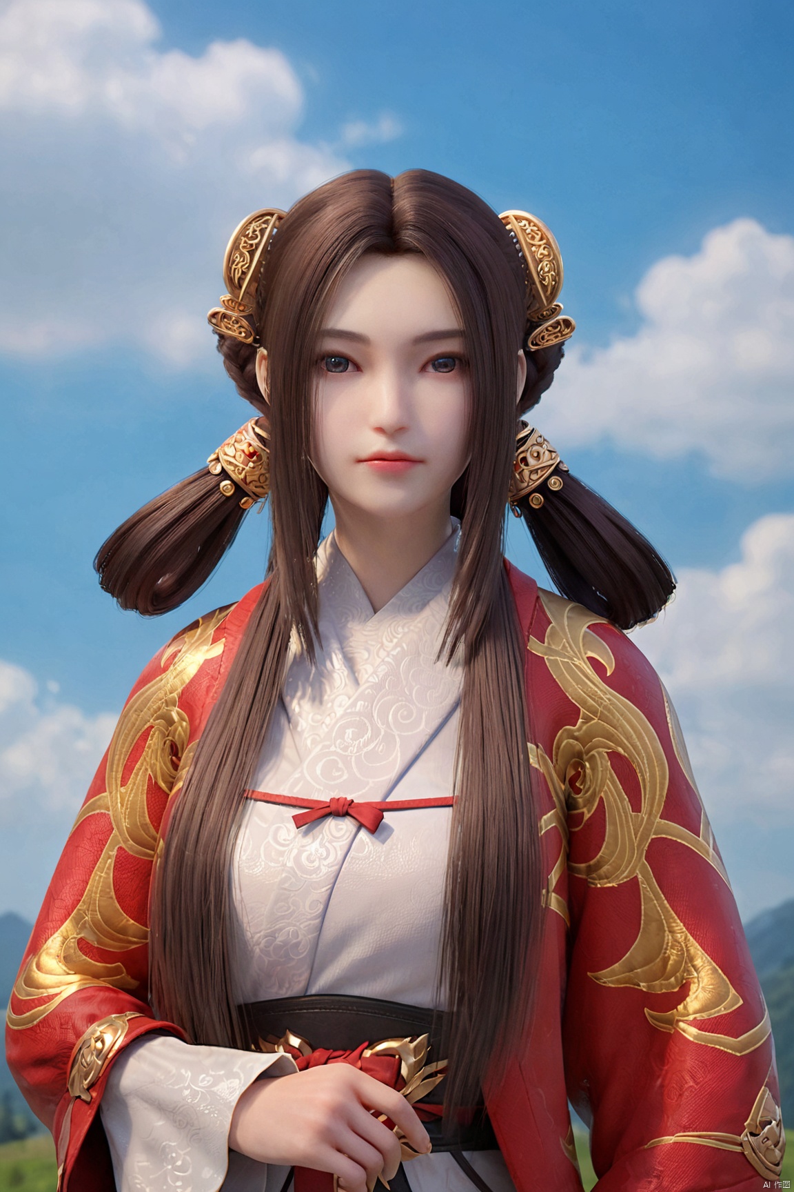 score_9_up,score_8_up,score_7_up,(Clear lines, high definition, Best quality,  masterpiece, 4K),1girl, solo, long hair, brown hair, hair ornament, long sleeves, jewelry, upper body, outdoors, sky, day, blue sky, chinese clothes, hair rings, realistic, hanfu,QYN