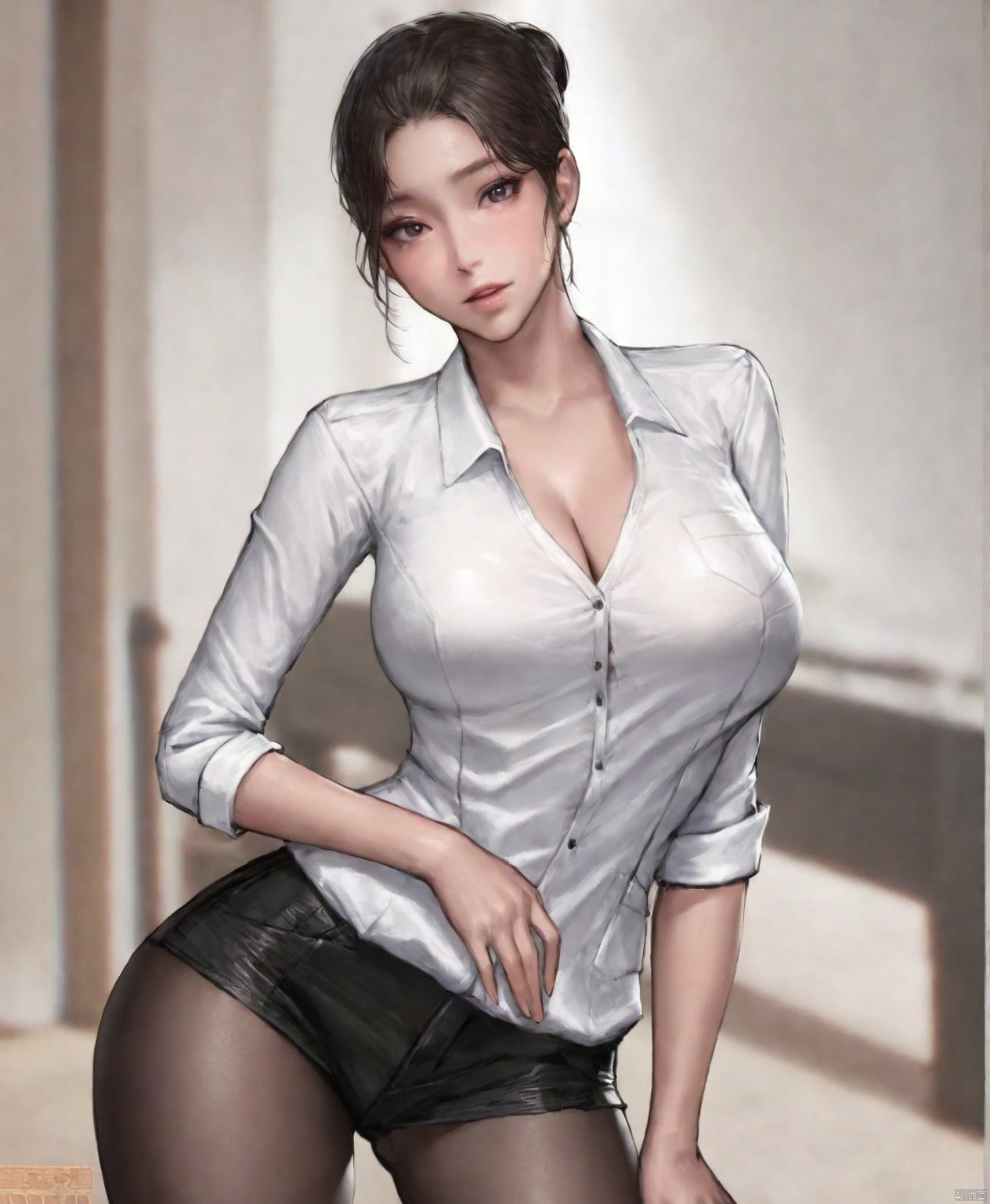 solo,highly detailed,(best quality),((masterpiece)),1girl,kidmo,looking at viewer, hair bun, large breasts, 