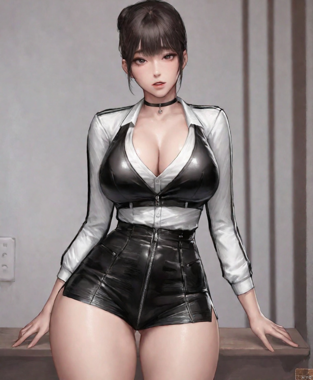 solo,highly detailed,(best quality),((masterpiece)),1girl,kidmo,looking at viewer, hair bun, large breasts, 