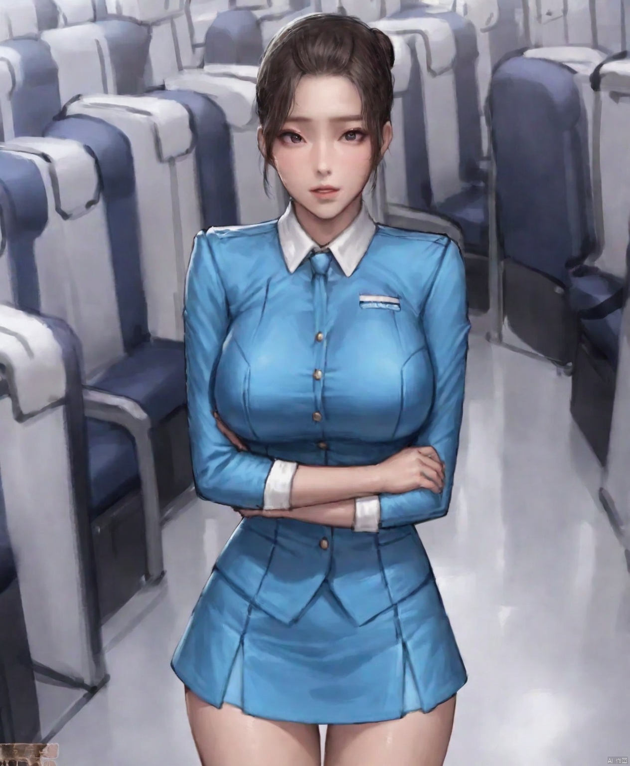solo,highly detailed,(best quality),((masterpiece)),1girl,kidmo,travel attendant,looking at viewer, hair bun, large breasts, 