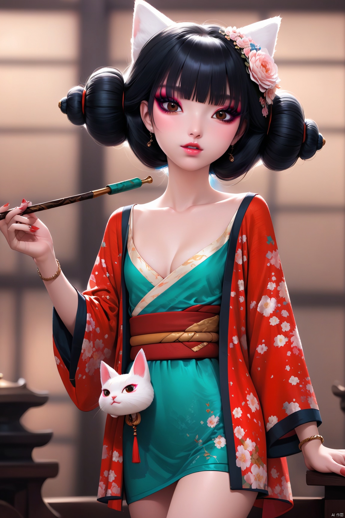 score_9, score_8_up, score_7_up,highly detailed digital,1girl, solo, breasts, short hair, bangs, black hair, hair ornament, holding, animal ears, cleavage, brown eyes, jewelry, standing, collarbone, flower, cowboy shot, small breasts, parted lips, japanese clothes, open clothes, indoors, cat ears, hair flower, blunt bangs, kimono, off shoulder, hair bun, nail polish, blurry, bracelet, lips, fingernails, sash, double bun, makeup, blurry background, obi, floral print, red nails, eyeshadow, short kimono, smoking pipe, kiseru,ultra detailed background,ultra detailed background,ultra realistic 8k cg, ,masterpiece,