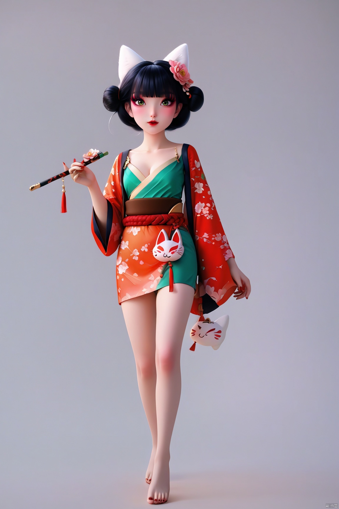 score_9, score_8_up, score_7_up,highly detailed digital,1girl, solo, breasts, looking at viewer, blush, short hair, bangs, simple background, black hair, hair ornament, bow, holding, animal ears, cleavage, green eyes, standing, collarbone, full body, yellow eyes, flower, hair bow, japanese clothes, barefoot, cat ears, hair flower, blunt bangs, kimono, hair bun, nail polish, sash, bare legs, double bun, mask, obi, red nails, toenails, toenail polish, short kimono, fox mask