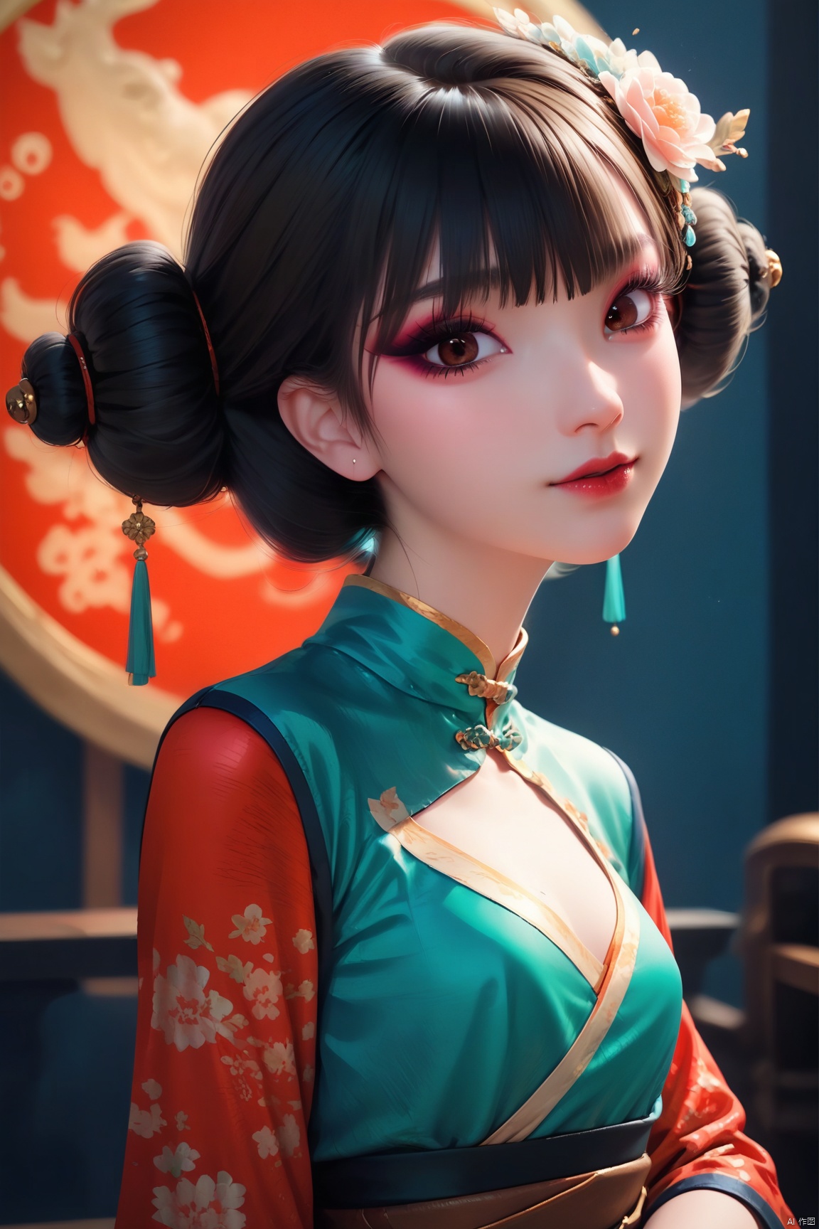 score_9, score_8_up, score_7_up,highly detailed digital,1girl, solo,upper body,looking at viewer,brown hair,hair ornament,chinese clothes,ultra detailed background,ultra detailed background,ultra realistic 8k cg, ,masterpiece,