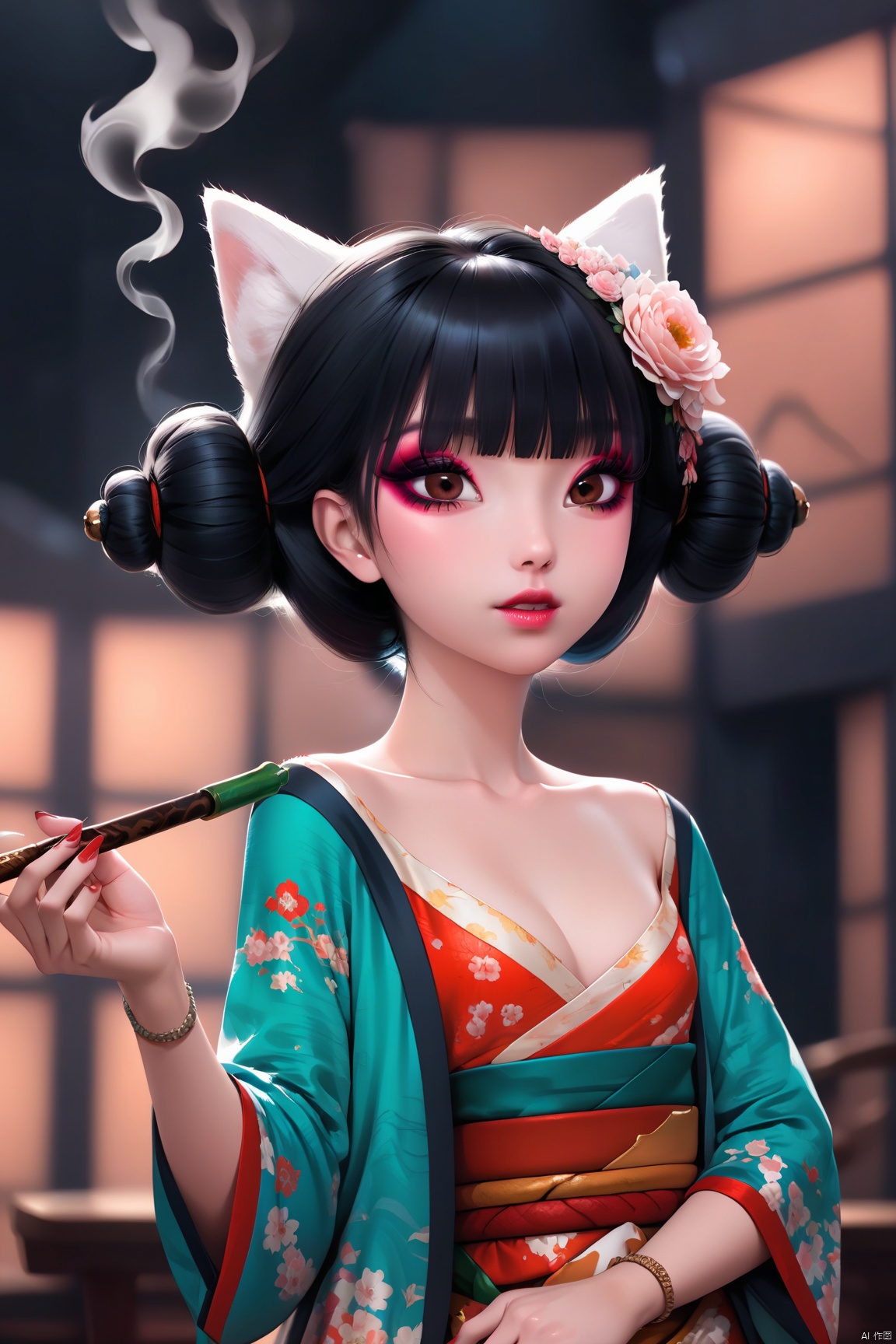 score_9, score_8_up, score_7_up,highly detailed digital,1girl, solo, breasts, short hair, bangs, black hair, hair ornament, holding, animal ears, cleavage, brown eyes, jewelry, standing, collarbone, flower, cowboy shot, small breasts, parted lips, japanese clothes, open clothes, indoors, cat ears, hair flower, blunt bangs, kimono, off shoulder, hair bun, nail polish, blurry, bracelet, lips, fingernails, sash, double bun, makeup, blurry background, obi, floral print, red nails, eyeshadow, short kimono, smoking pipe, kiseru,ultra detailed background,ultra detailed background,ultra realistic 8k cg, ,masterpiece,