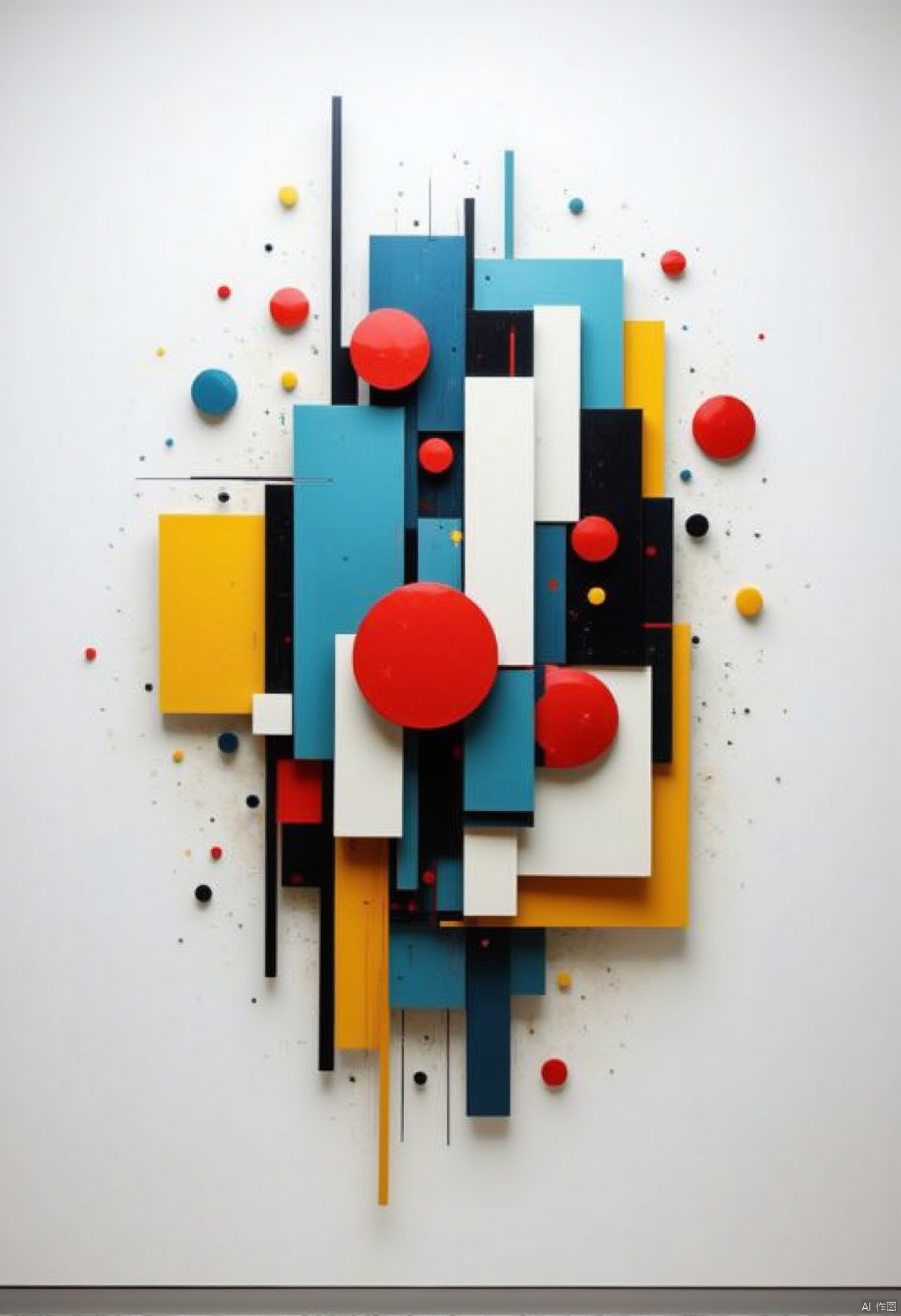 Abstract geometric style,a colorful abstract art piece is displayed against a stark white background. The art piece features a variety of vibrant colors,including red,blue,yellow,white,and black,creating a striking contrast. The pieces are arranged in a way that creates a striking visual,effect,adding a pop of color to the otherwise monochromatic composition. The red balls are ,centered in the middle of the art piece,adding depth to the composition.