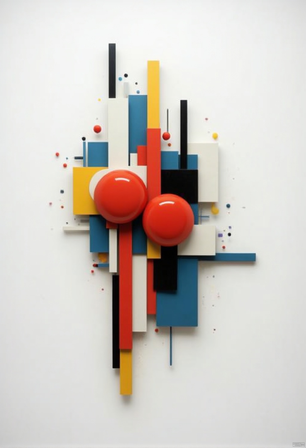 Abstract geometric style,a colorful abstract art piece is displayed against a stark white background. The art piece features a variety of vibrant colors,including red,blue,yellow,white,and black,creating a striking contrast. The pieces are arranged in a way that creates a striking visual,effect,adding a pop of color to the otherwise monochromatic composition. The red balls are ,centered in the middle of the art piece,adding depth to the composition.
