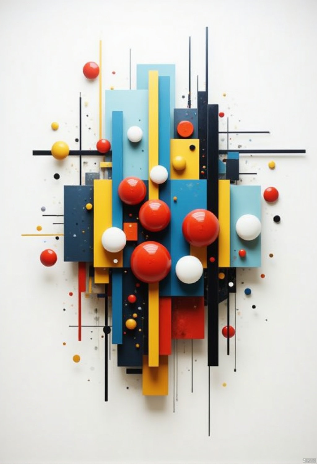Abstract geometric style,a colorful abstract art piece is displayed against a stark white background. The art piece features a variety of vibrant colors,including red,blue,yellow,white,and black,creating a striking contrast. The pieces are arranged in a way that creates a striking visual,effect,adding a pop of color to the otherwise monochromatic composition. The red balls are ,centered in the middle of the art piece,adding depth to the composition.