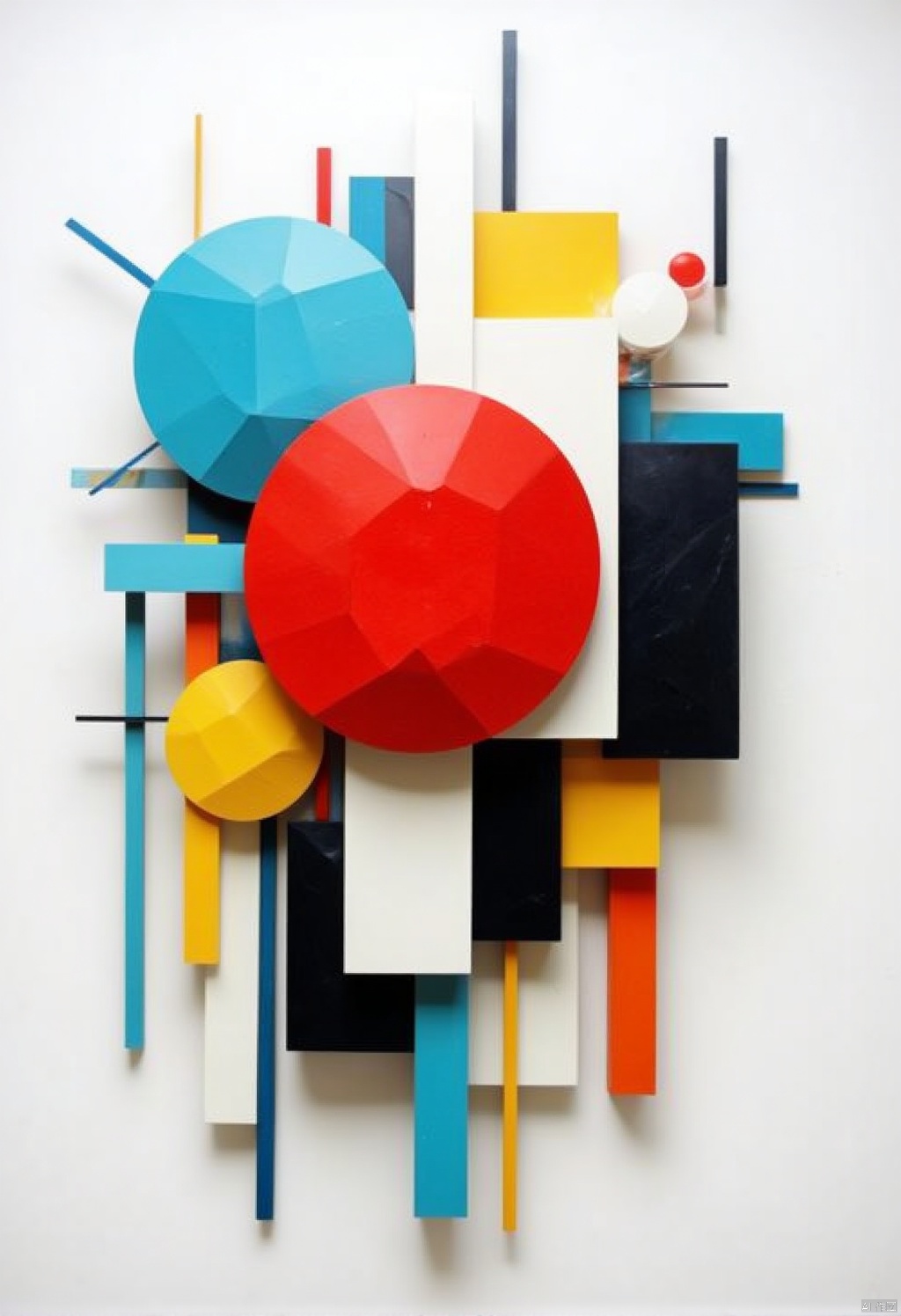 Abstract geometric style,a colorful abstract art piece is displayed against a stark white background. The art piece features a variety of vibrant colors,including red,blue,yellow,white,and black,creating a striking contrast. The pieces are arranged in a way that creates a striking visual,effect,adding a pop of color to the otherwise monochromatic composition. The red balls are ,centered in the middle of the art piece,adding depth to the composition.
