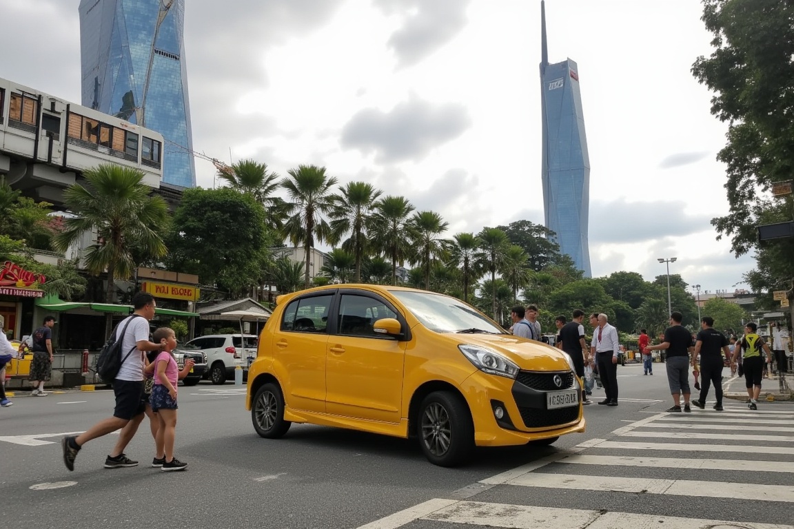 A vibrant yellow Myvi 2016 drifts slowly amidst pedestrians crossing the busy intersection in front of the iconic Merdeka...
