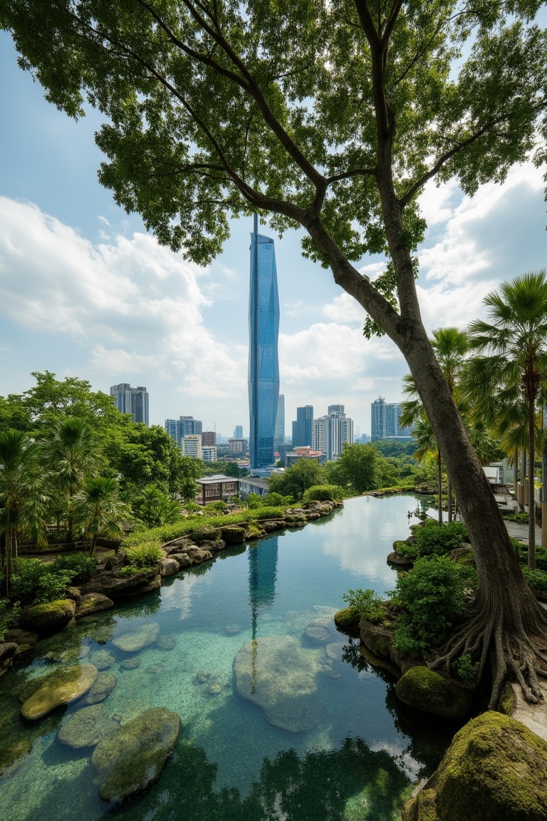 Against a backdrop of Kuala Lumpur's iconic Merdeka Tower,  a tranquil river flows effortlessly across the rooftop,  its c...