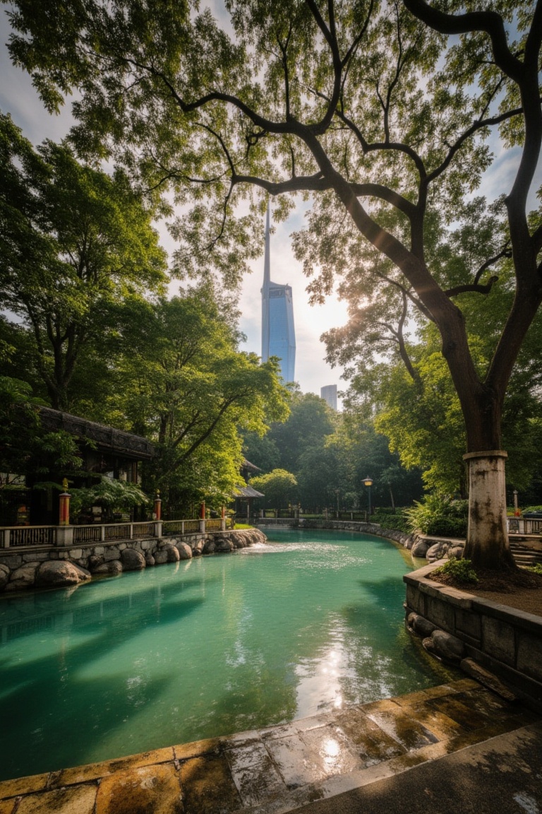 A serene crystal-clear water river flows gently through the heart of Kuala Lumpur,  nestled beside the iconic Merdeka Towe...