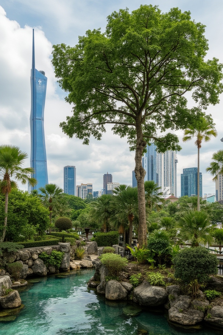 Against a backdrop of Kuala Lumpur's iconic Merdeka Tower,  a tranquil river flows effortlessly across the rooftop,  its c...